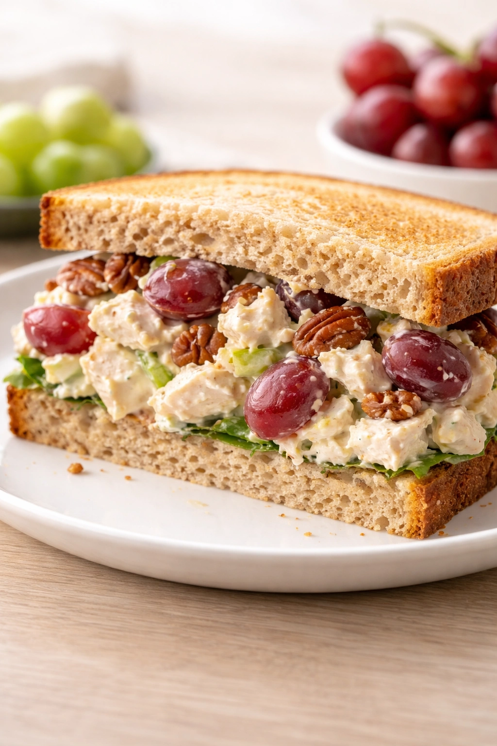 Cross-section showing grapes and pecans in chicken salad sandwich