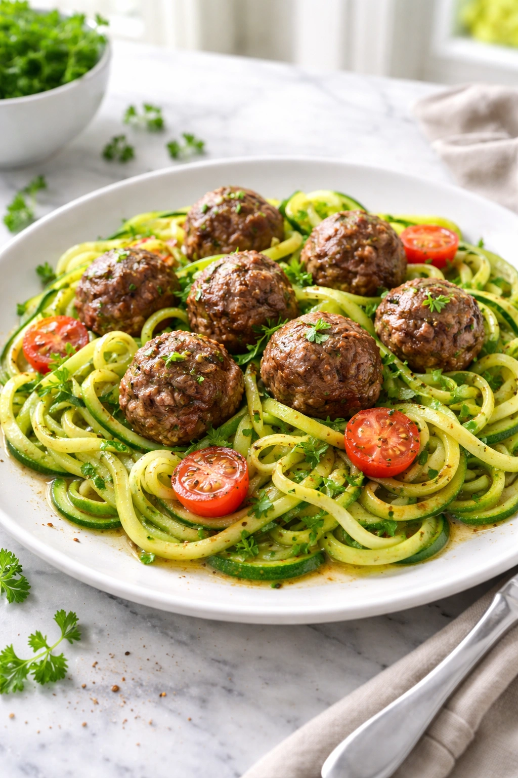 Grass-fed beef meatballs with zucchini noodles on plate
