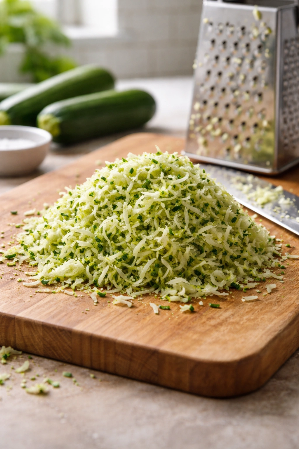 Finely grated zucchini on a cutting board
