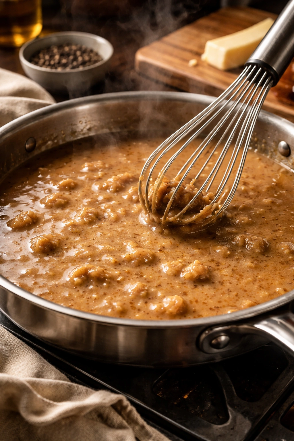 Lumpy gravy in a pan with a whisk about to whisk
