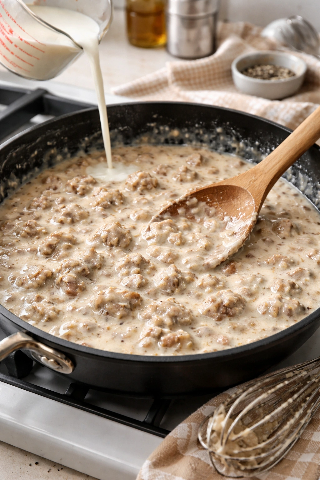 Lumpy sausage gravy in a pan illustrating common mistakes