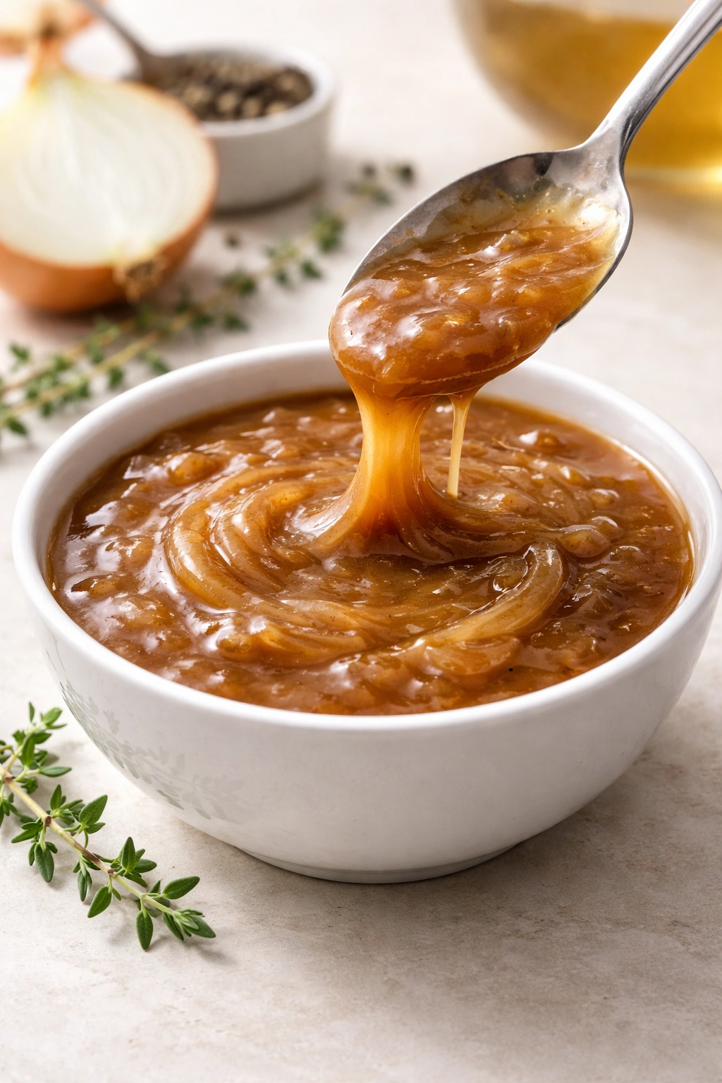 Glossy onion gravy with caramelized onions in a dish