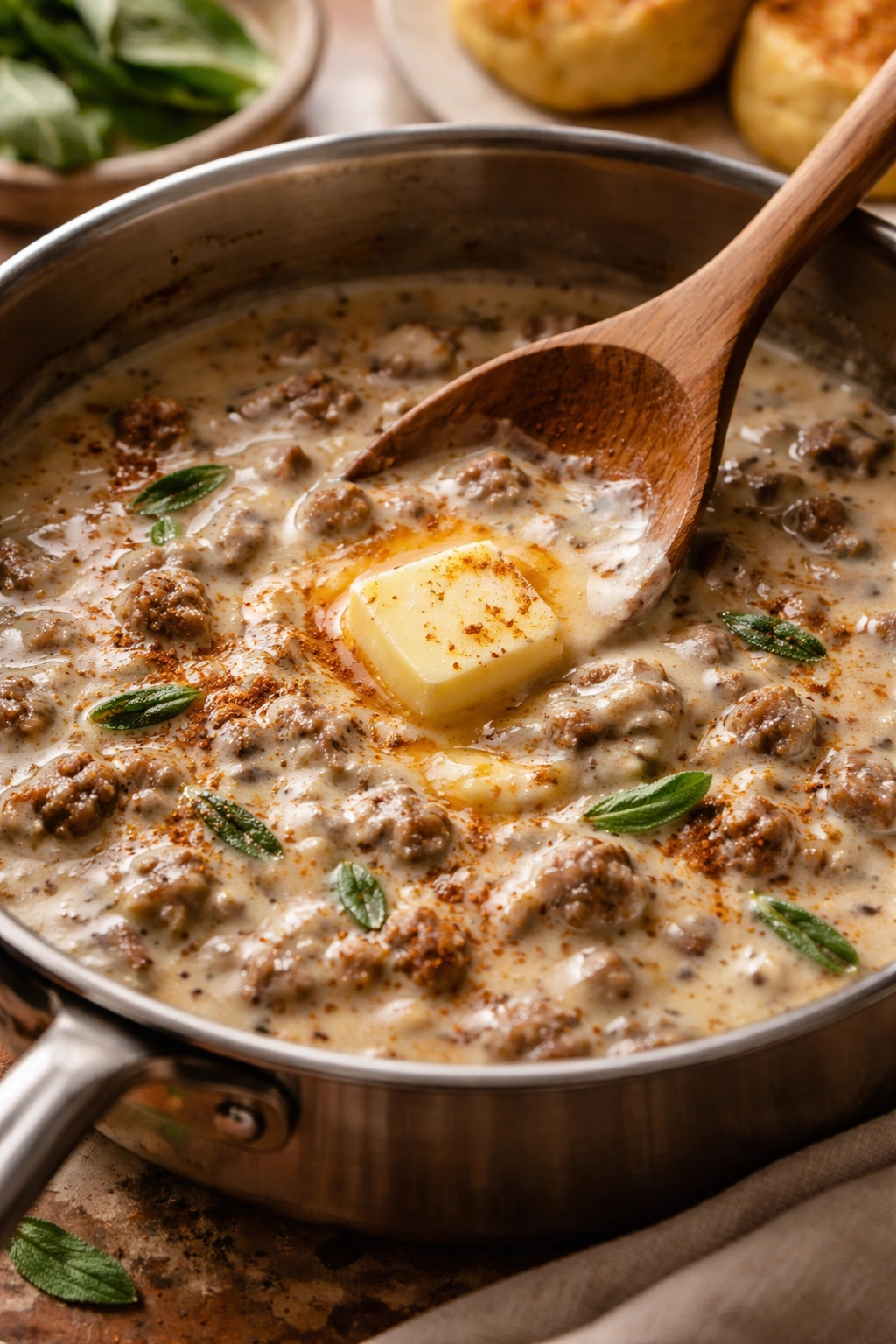 Close-up of glossy sausage gravy in a pan with butter melting, warm kitchen lighting.