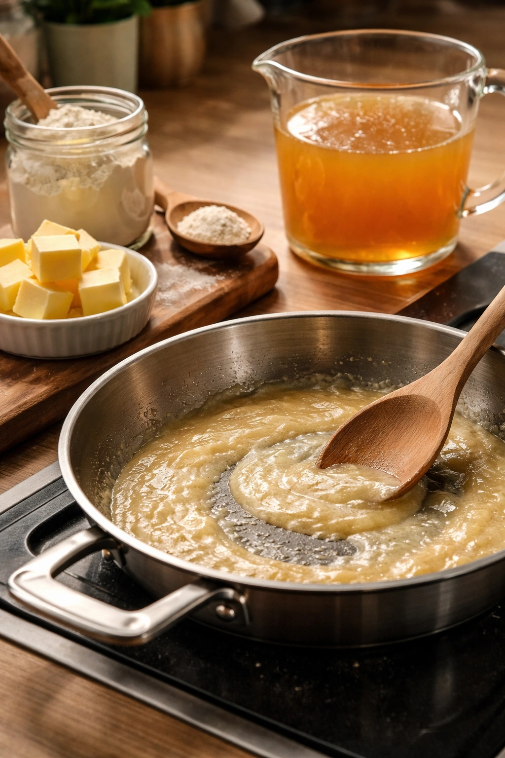 Butter, roux, and stock illustrated in a kitchen to explain gravy science