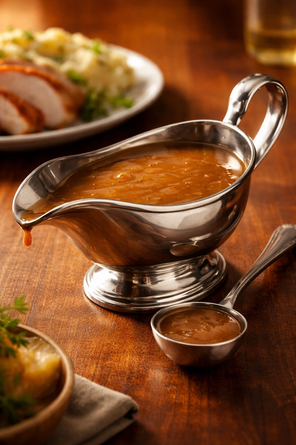 Elegant gravy boat with ladle ready for serving on a wooden table