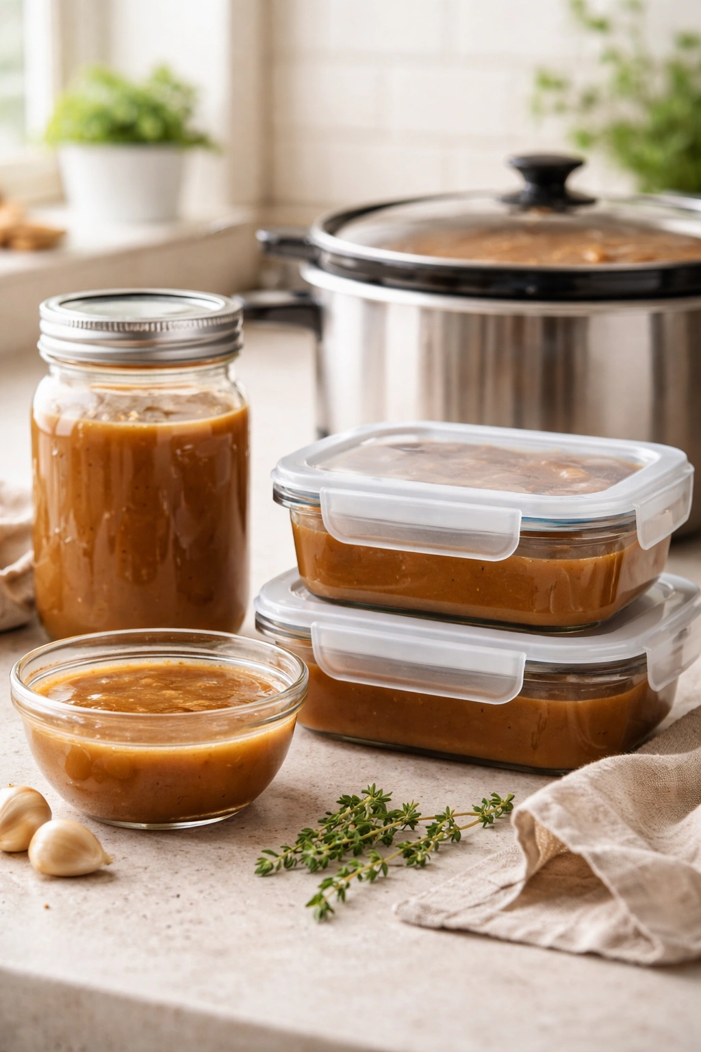 Close-up of gravy storage containers ready for refrigeration and reheating in a clean kitchen