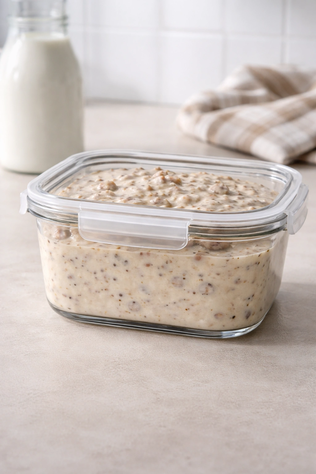 Airtight container of sausage gravy on a clean kitchen counter.