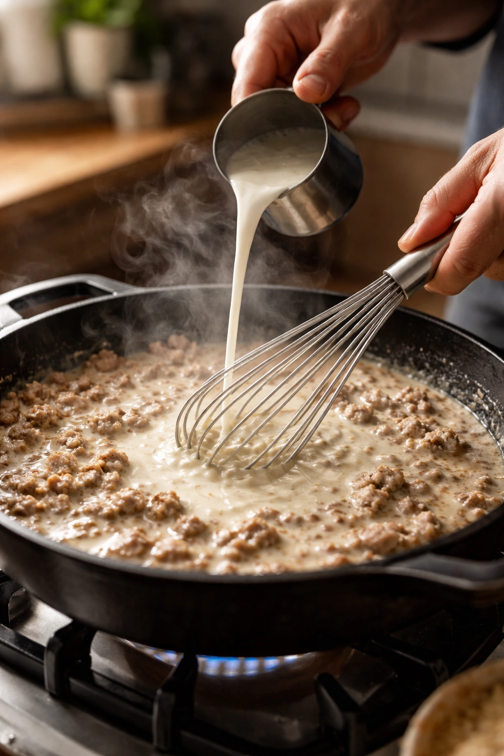 Whisking milk into a pan to form smooth sausage gravy