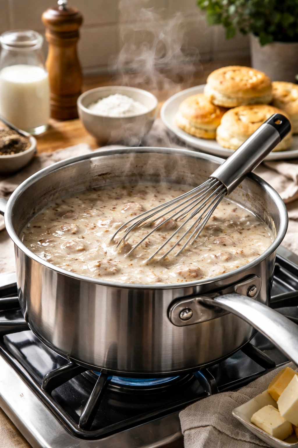 Saucepan with gravy on the stove and a whisk ready to stir.