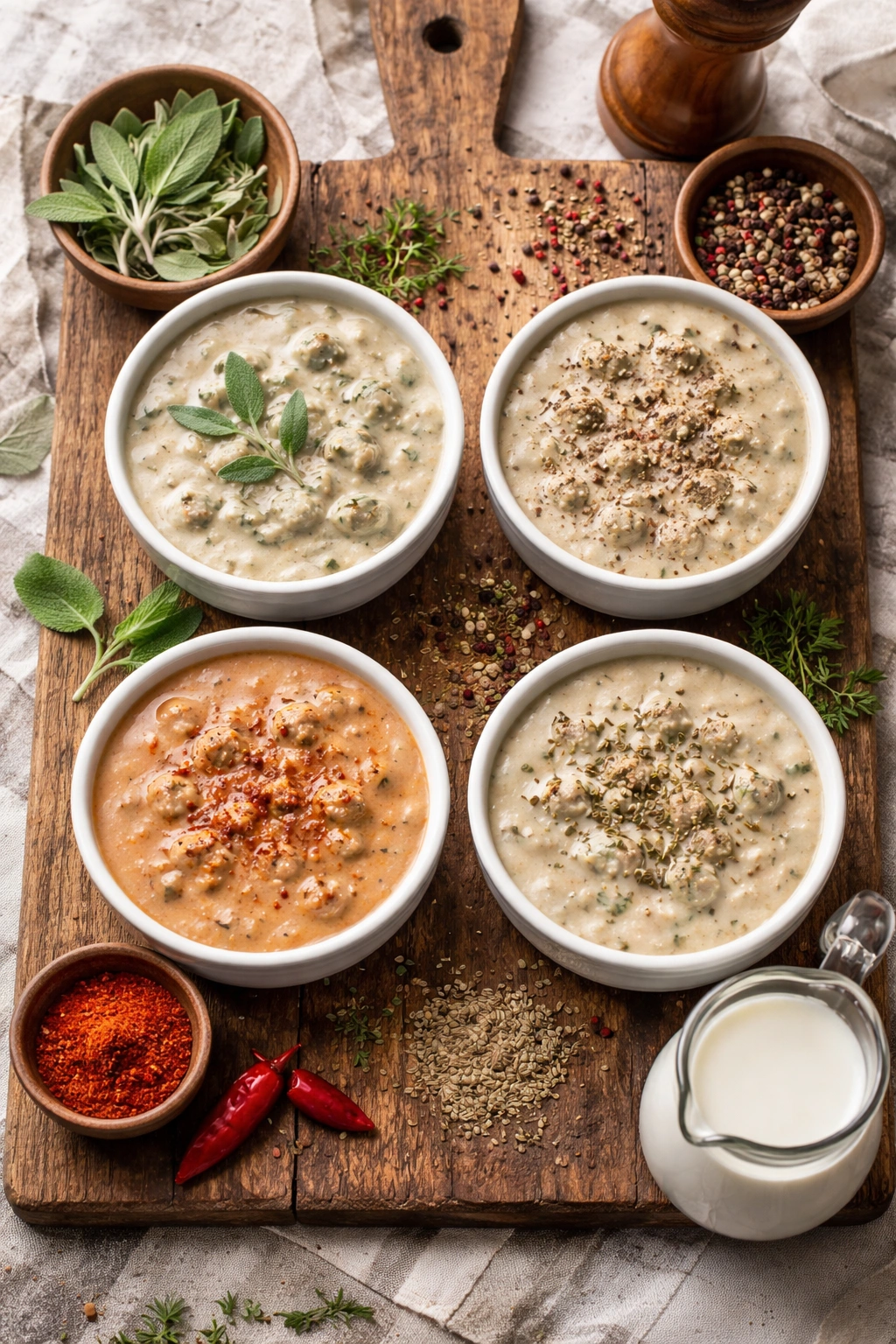 Assorted sausage gravy variations in small bowls on a wooden board.