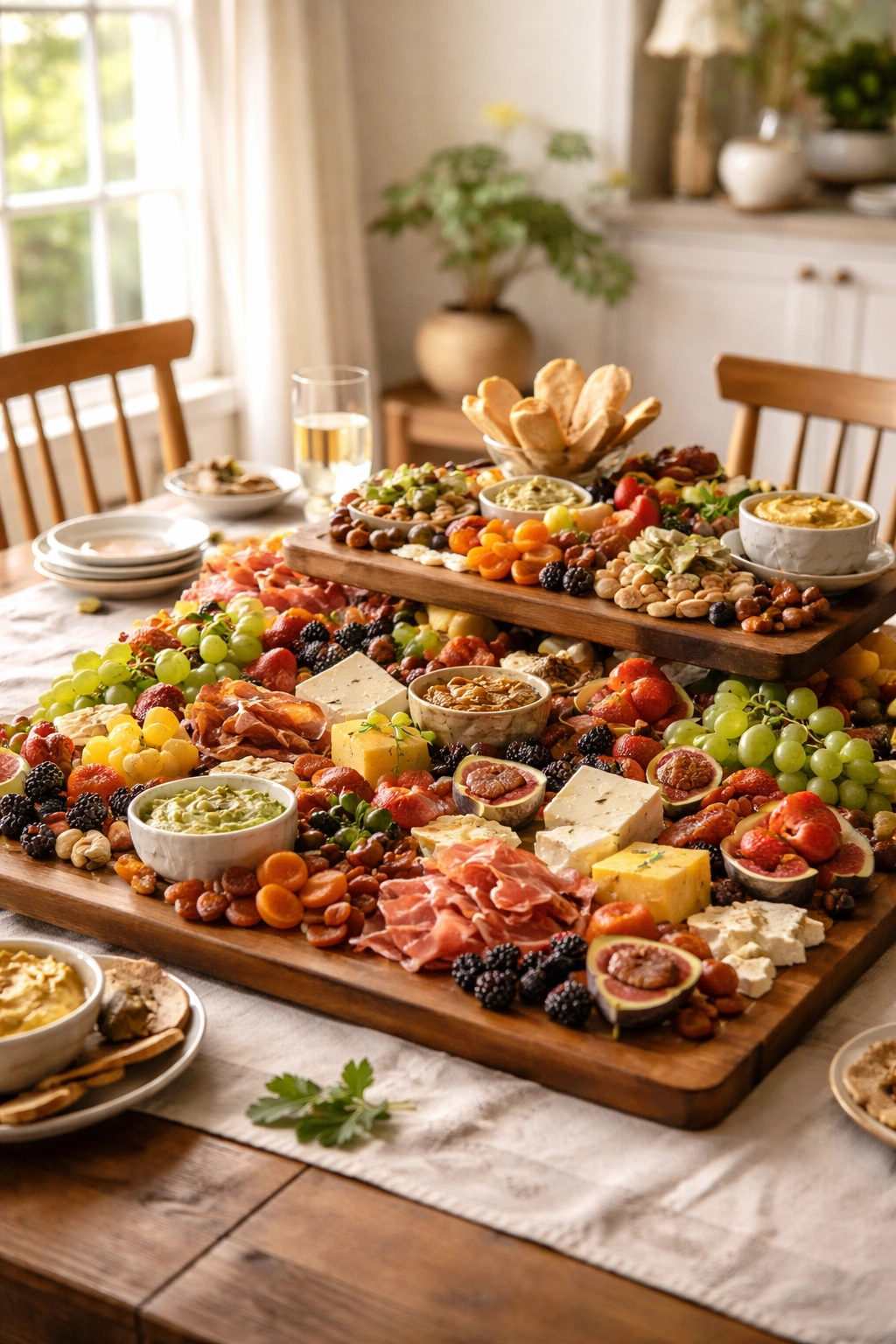 Elegant grazing board with balanced color, height, and texture in a warm setting