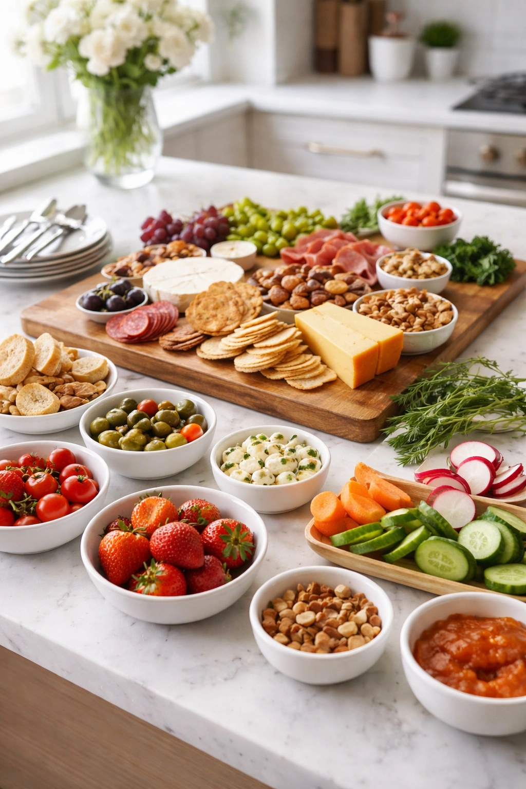 Grazing board in progress on a bright kitchen counter with staged prep elements
