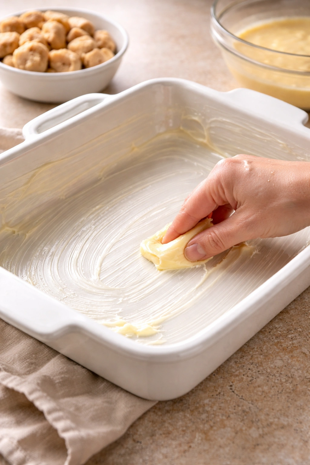 Greased baking dish ready for assembly
