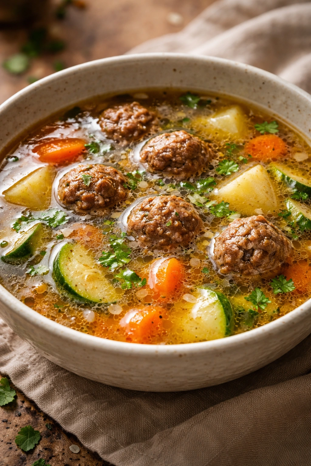 Glossy sheen on surface of albondigas broth in bowl