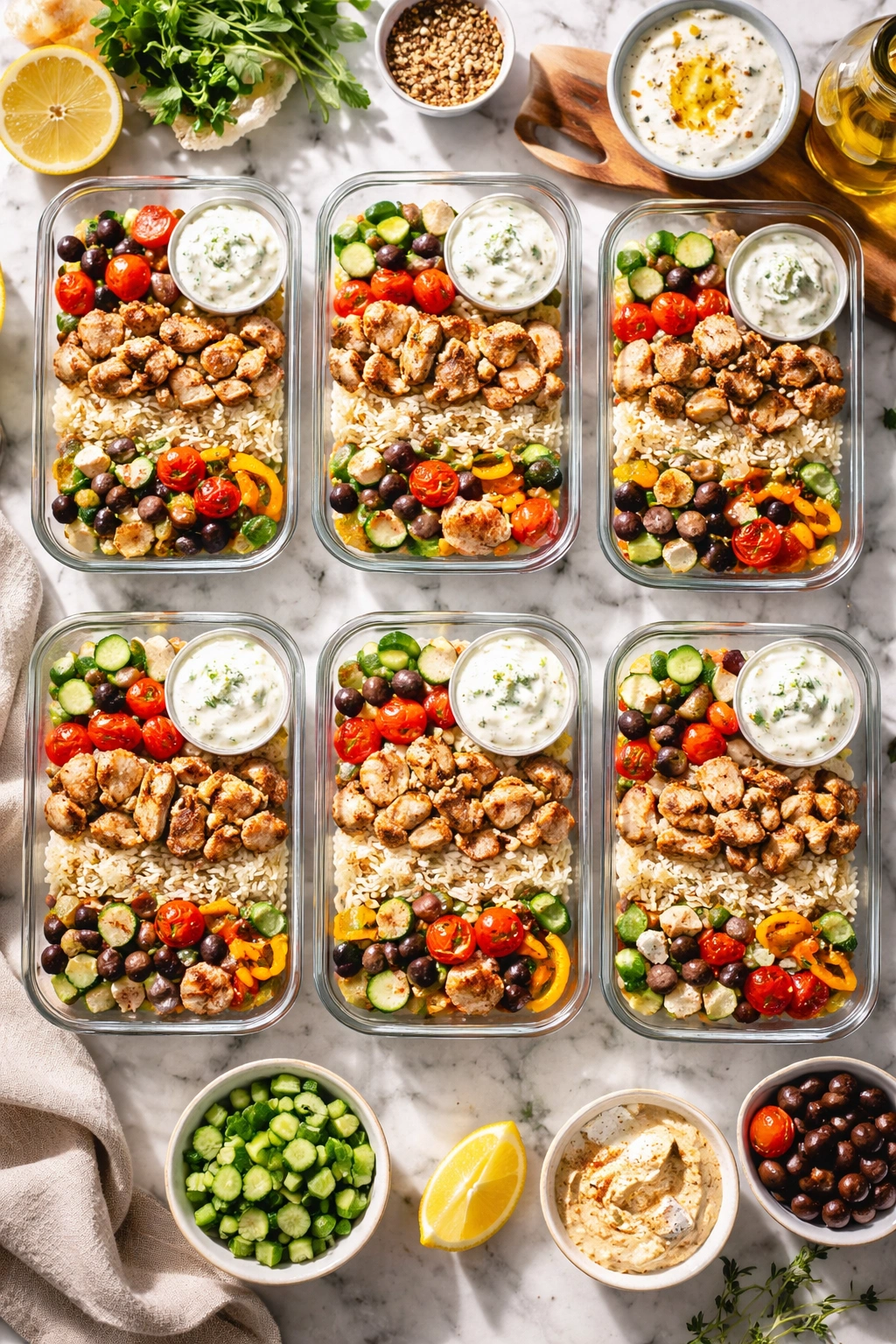 Organized Greek bowl meal prep containers with chicken, roasted vegetables, and grain base on a kitchen counter
