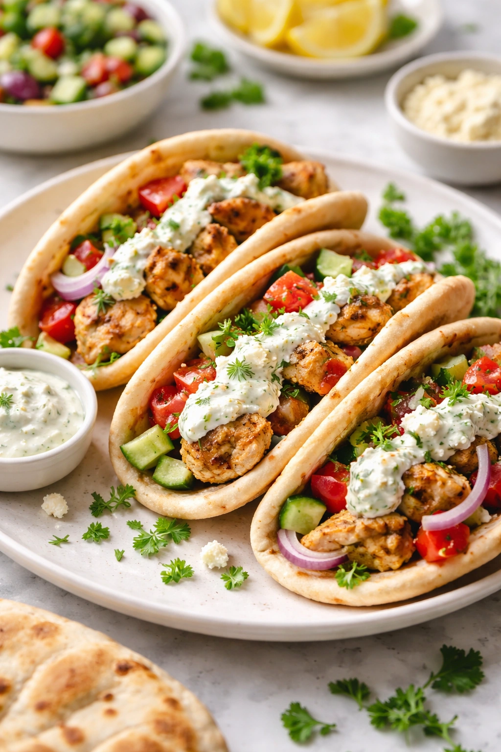 Open pita halves with marinated chicken and tzatziki on a white plate