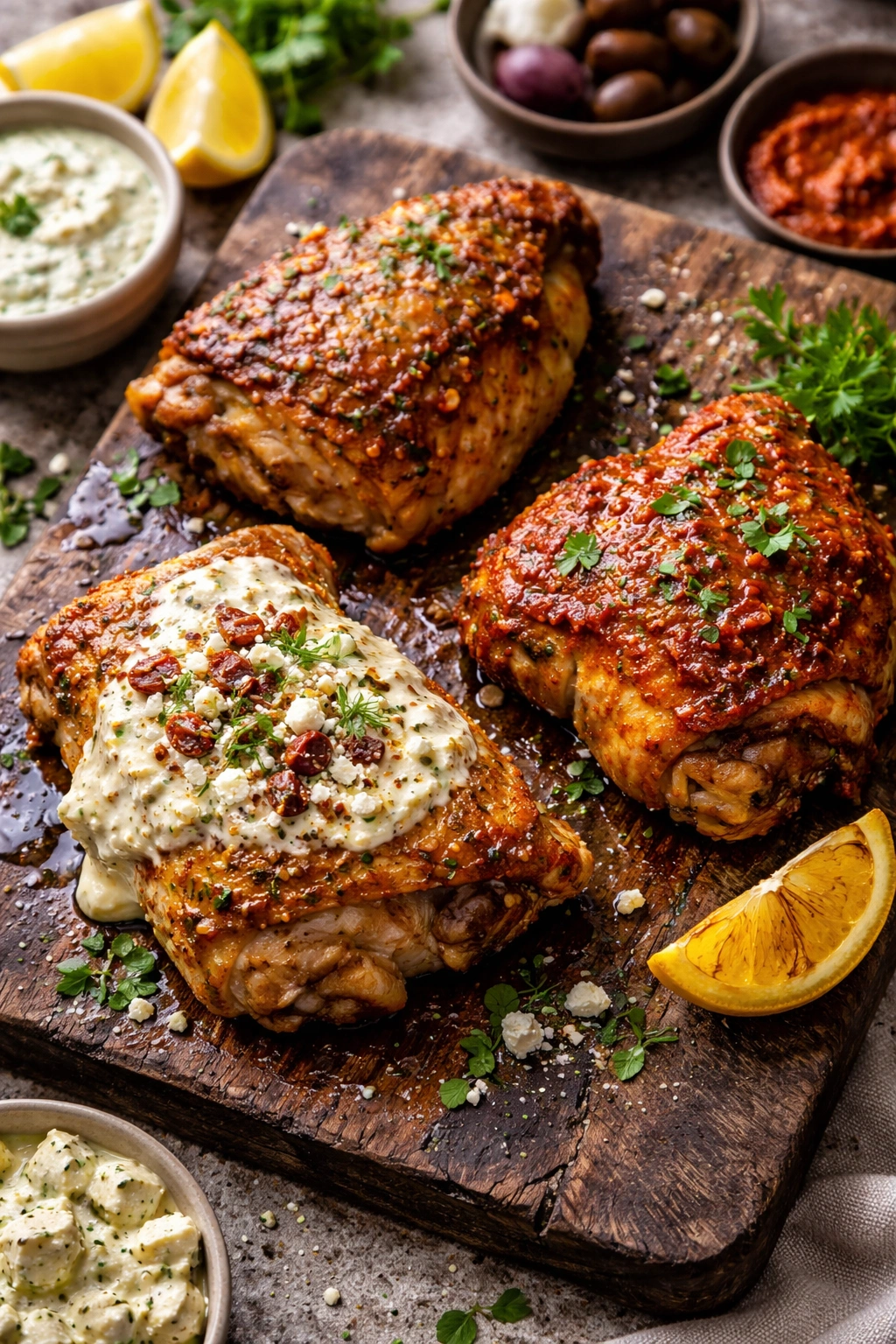 Three Greek chicken thighs with different glazes on a dark rustic board