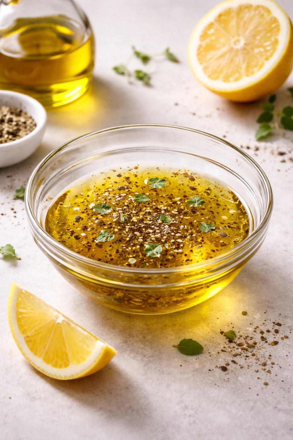 Olive oil-based Greek dressing with lemon and oregano