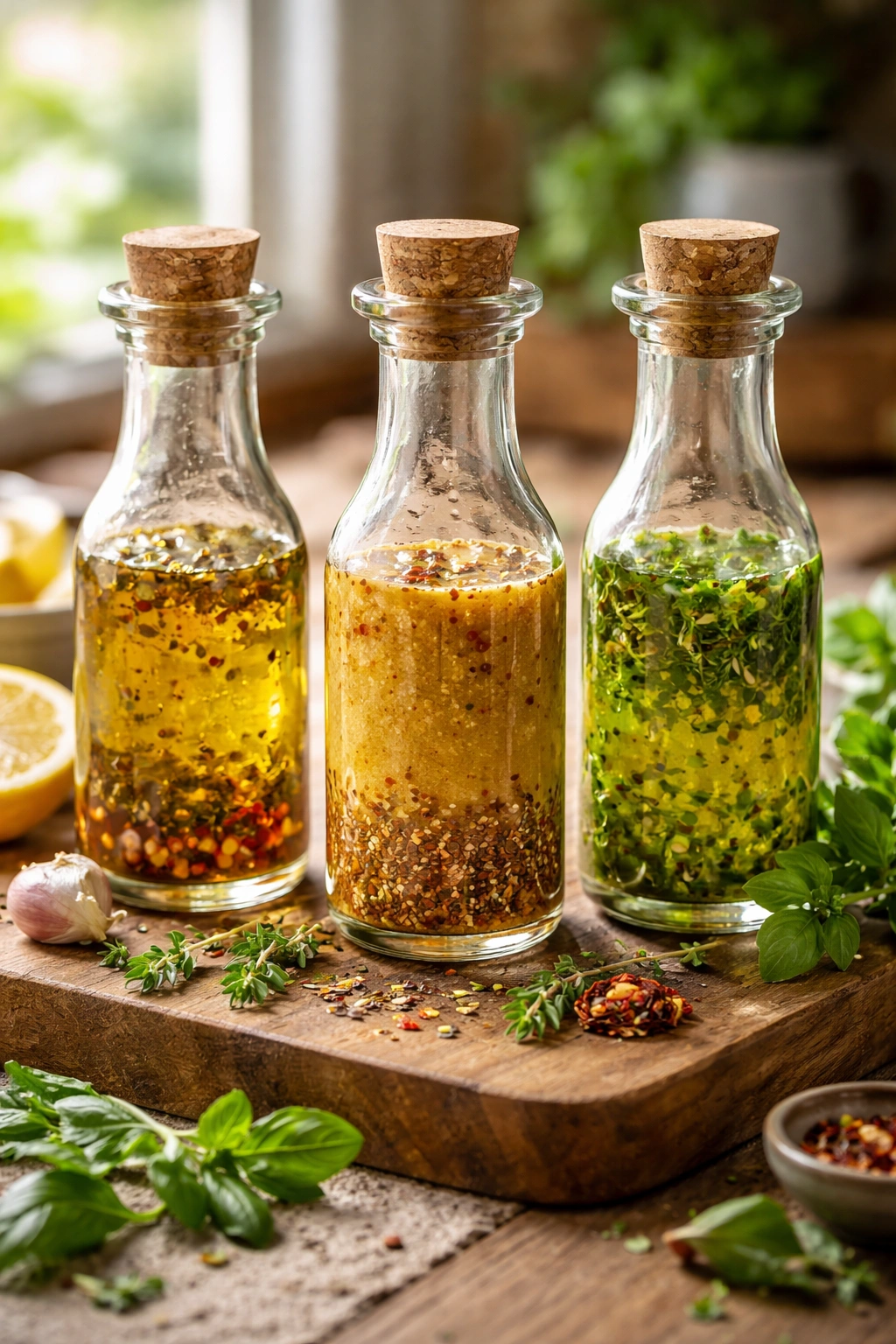 Three glass dressing bottles with herbs, representing variations of Greek salad dressing