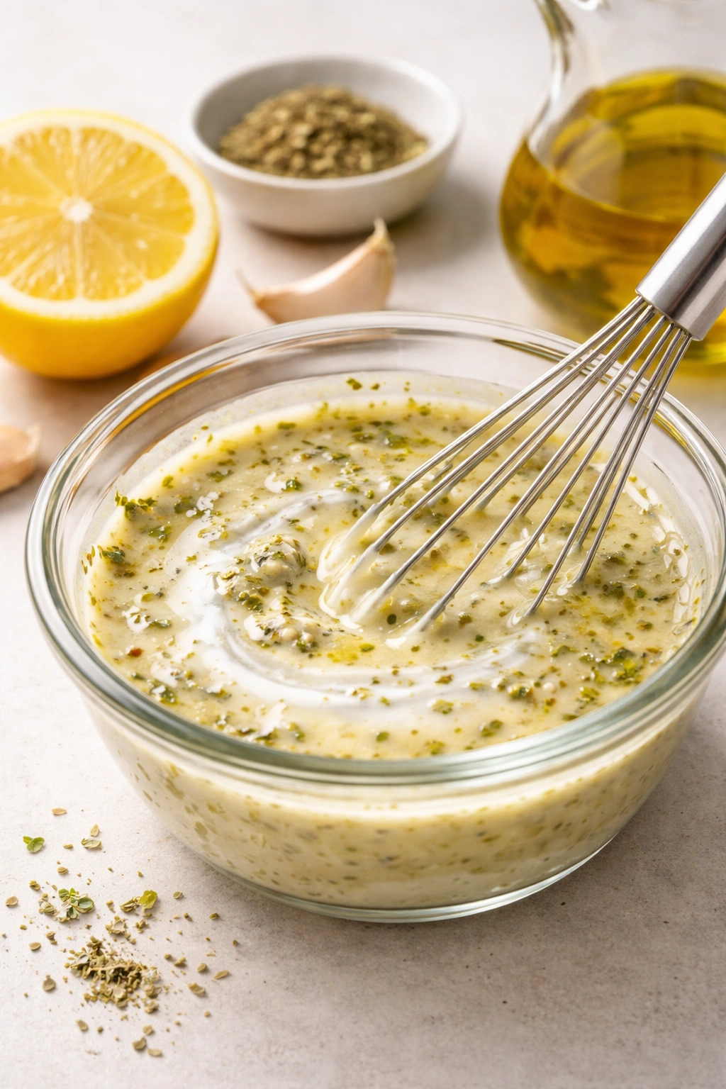 Whisking Greek dressing with yogurt in a small bowl