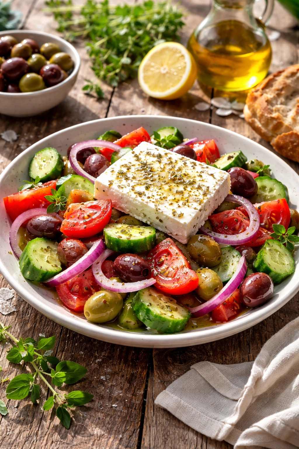 Authentic Greek salad components on a rustic board with oregano