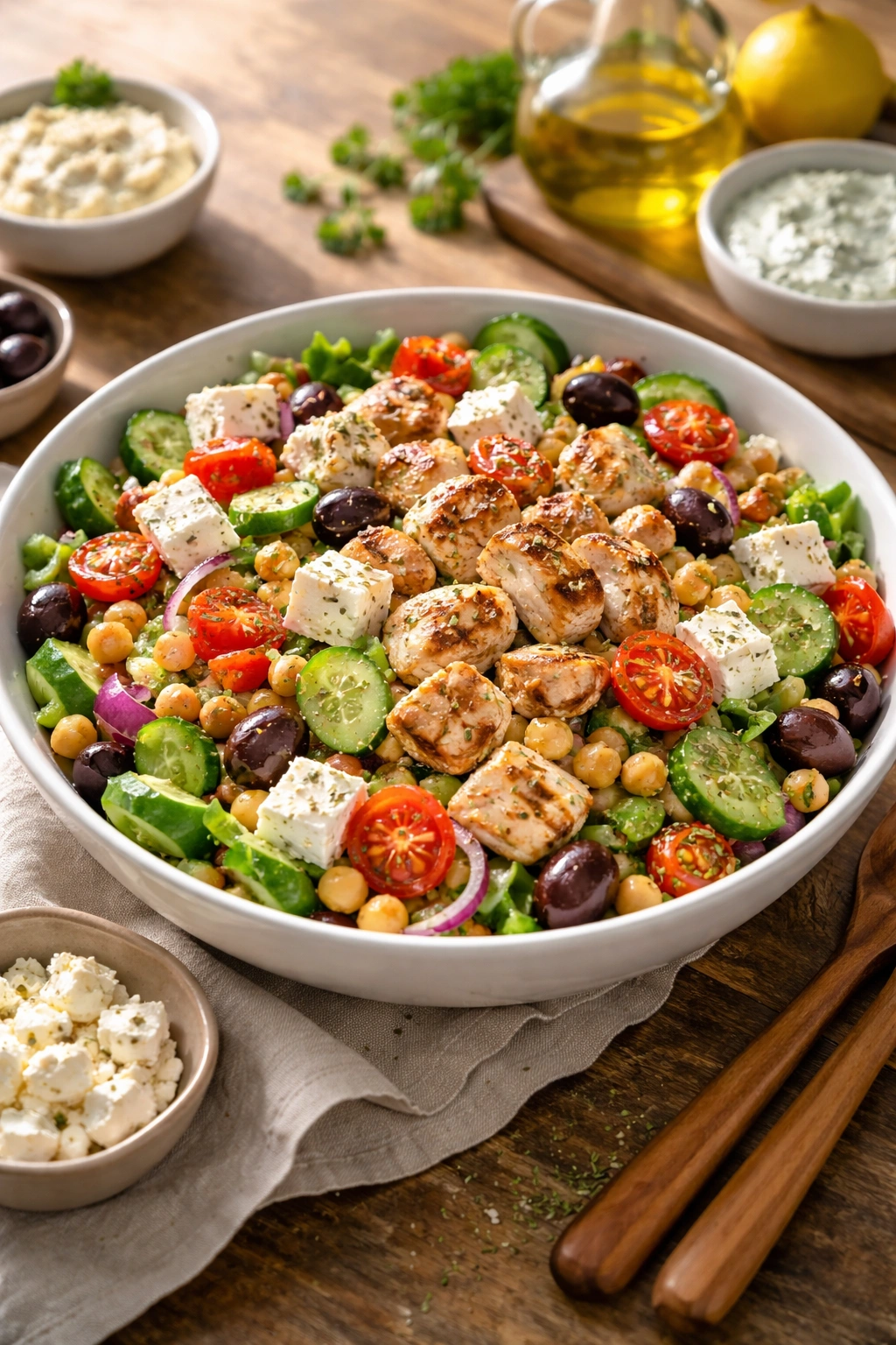 Heartier Greek salad with chicken and chickpeas in a large bowl for a main course