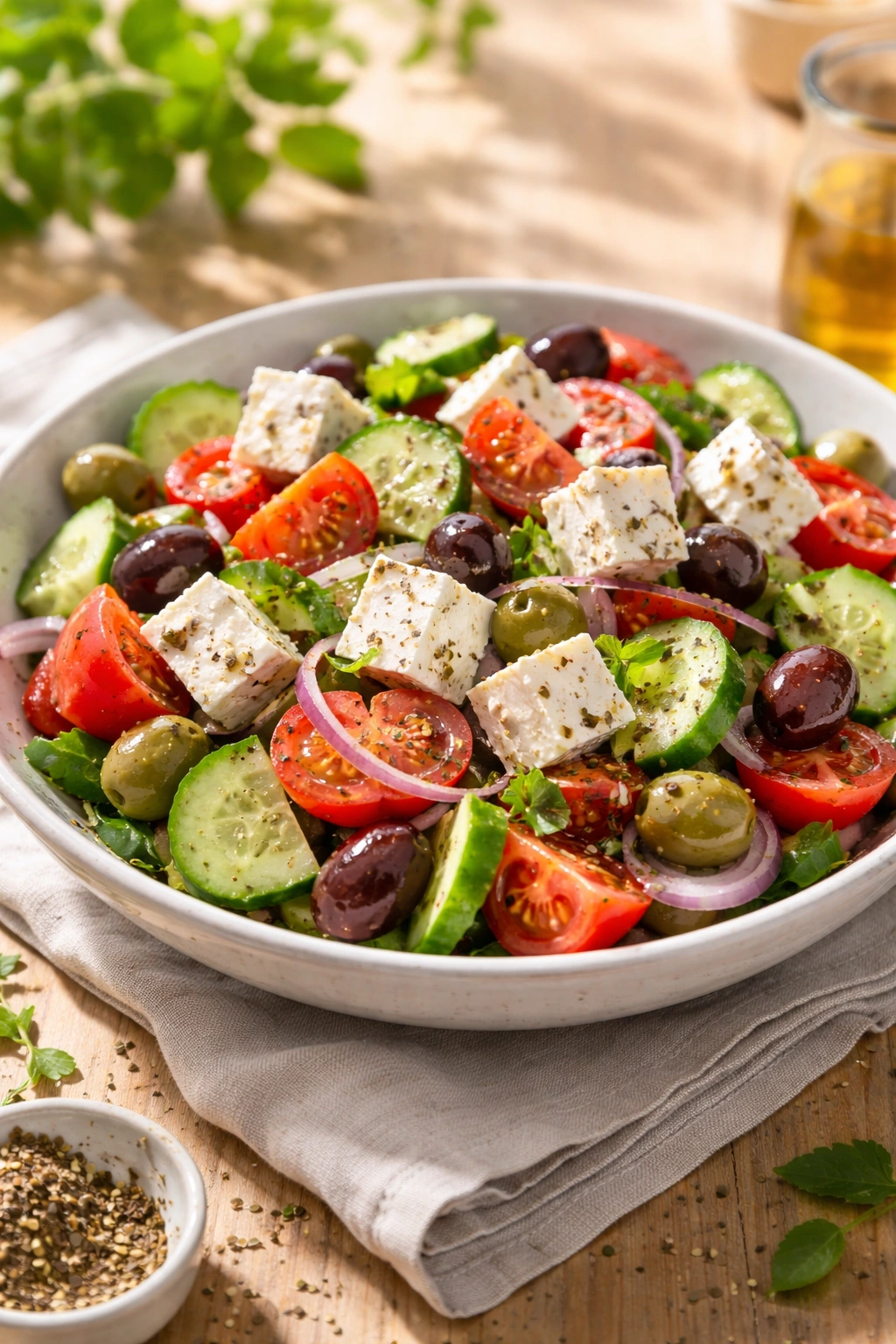 Classic Greek salad with cucumber, tomato, olives, and feta in a rustic white bowl on a wooden table