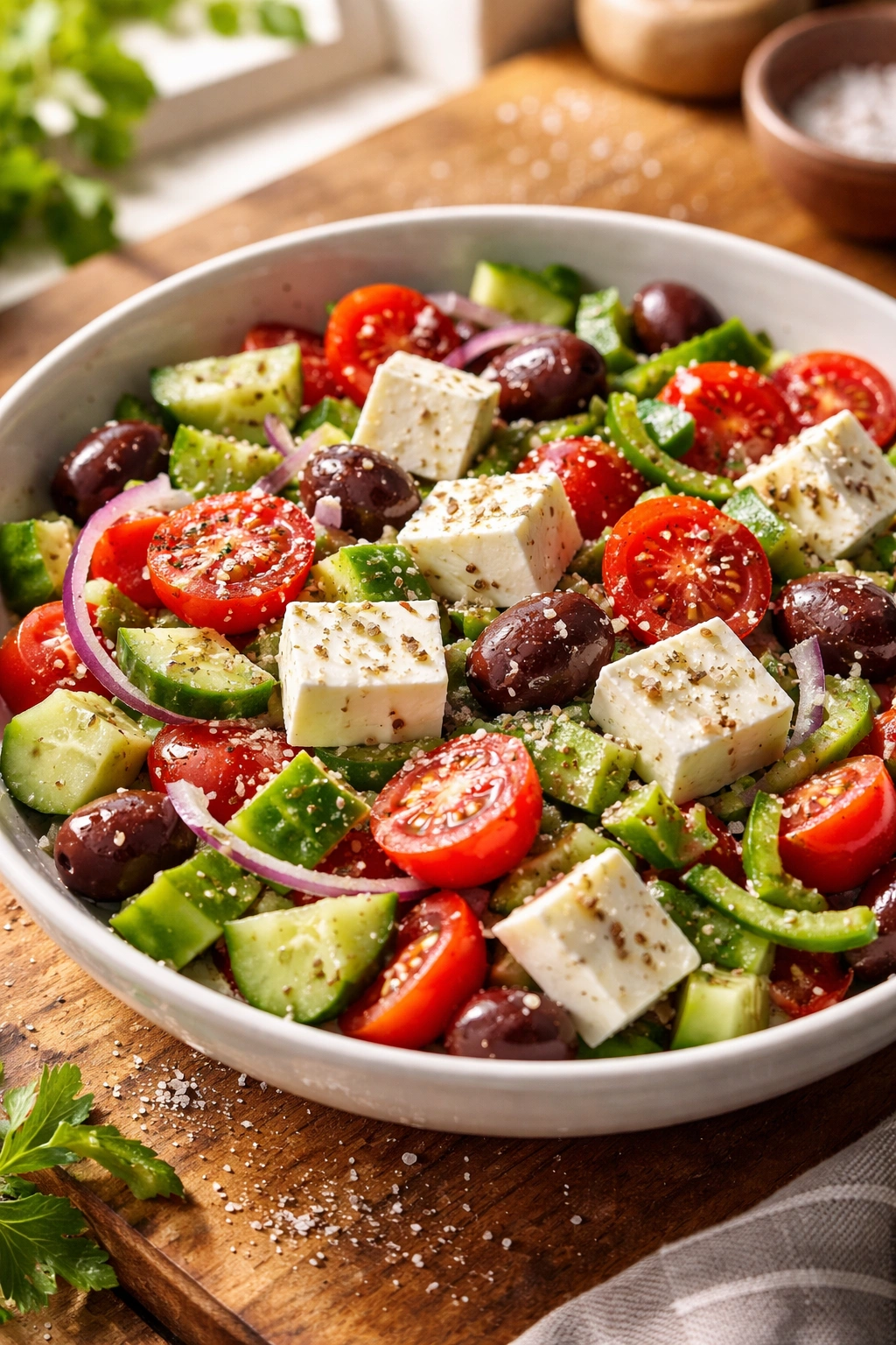 Greek salad with crisp vegetables and feta, salt crystals suggesting pre-salting