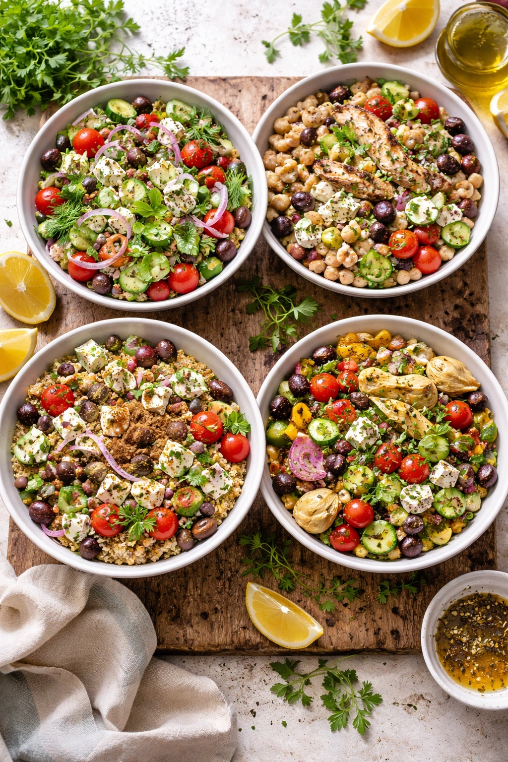 Four bowls of Greek salad variations with herbs, chicken, chickpeas, grilled vegetables, and artichokes