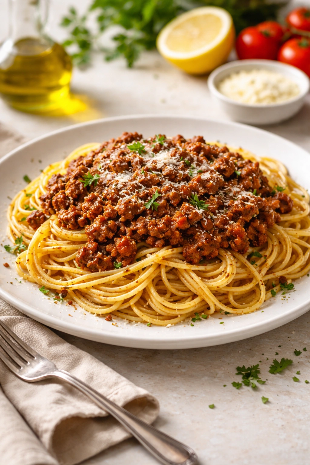 Plate of Greek spaghetti with meat sauce and warm spices