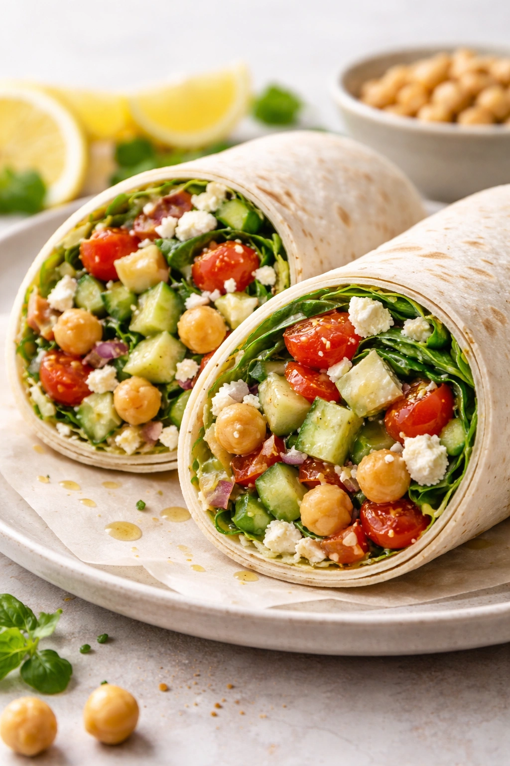 Cross-section Greek salad wrap with feta chickpeas and greens