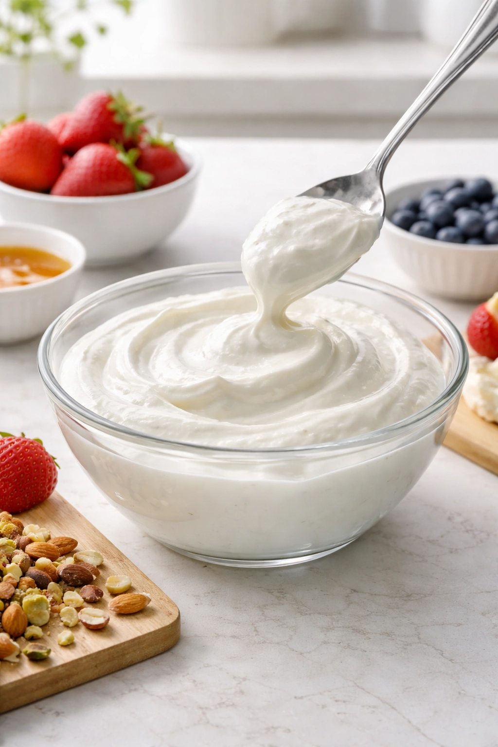 Thick Greek yogurt in a bowl showing texture ideal for bark