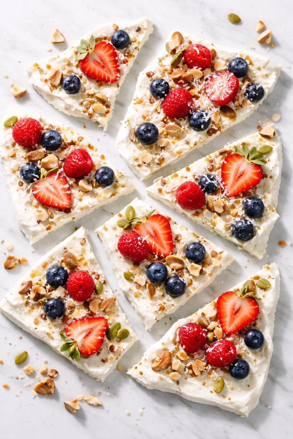 Frozen Greek yogurt bark with toppings cut into shards on a pale surface