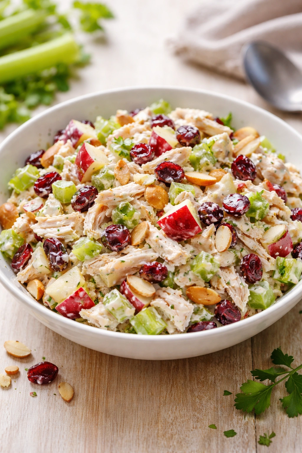 Creamy Greek yogurt chicken salad with celery, apple and cranberries in bowl
