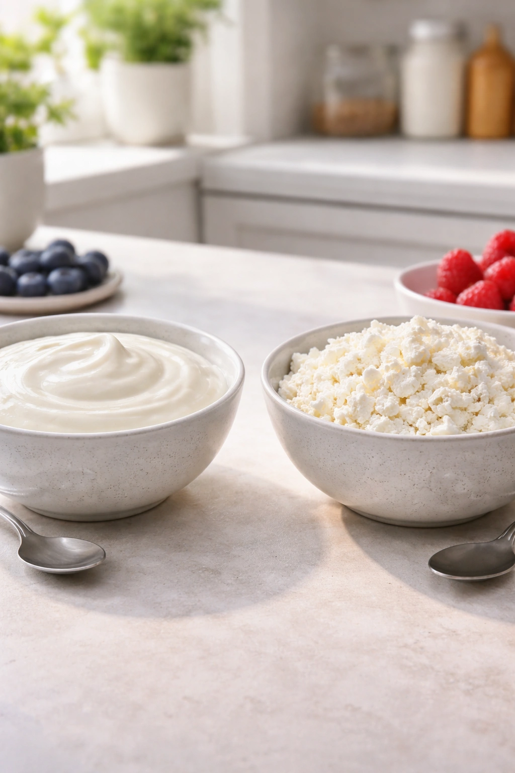 Two bowls, one with Greek yogurt and one with cottage cheese, for breakfast comparison