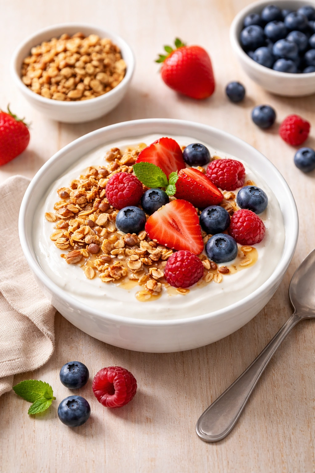 Close-up of Greek yogurt with granola and berries in a bowl