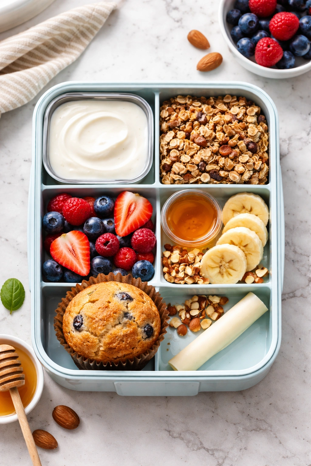 Top-down view of a Greek Yogurt & Granola Breakfast Bento with yogurt, granola, berries, banana, honey, nuts, muffin, and cheese