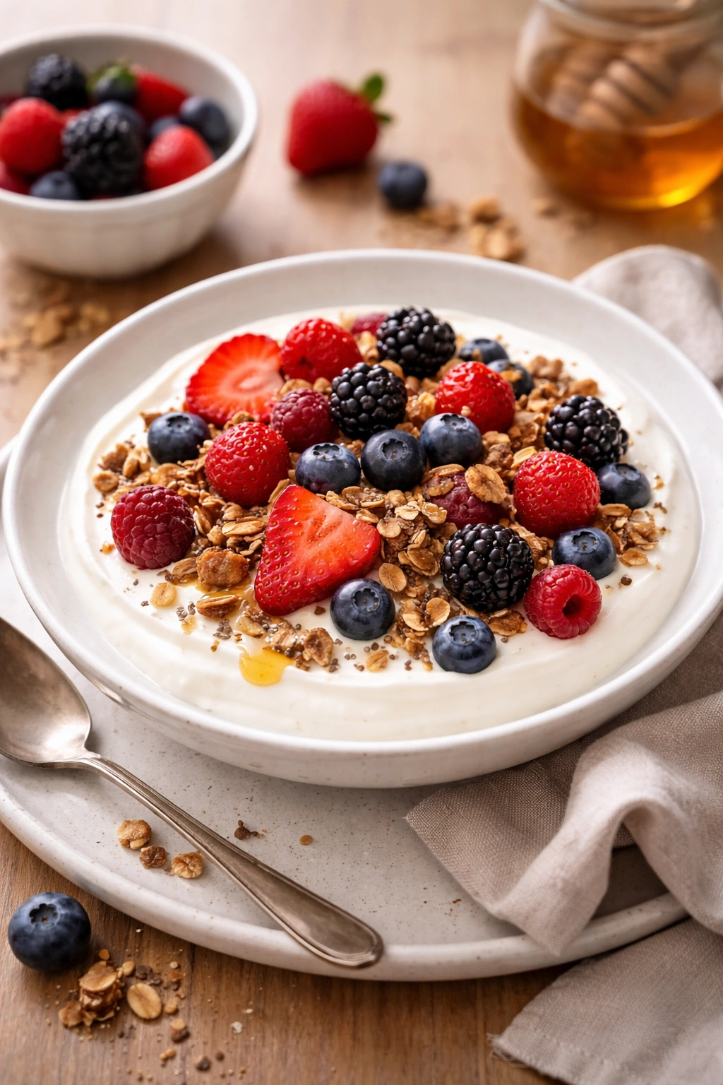 Greek yogurt power bowl with berries and granola for lunch