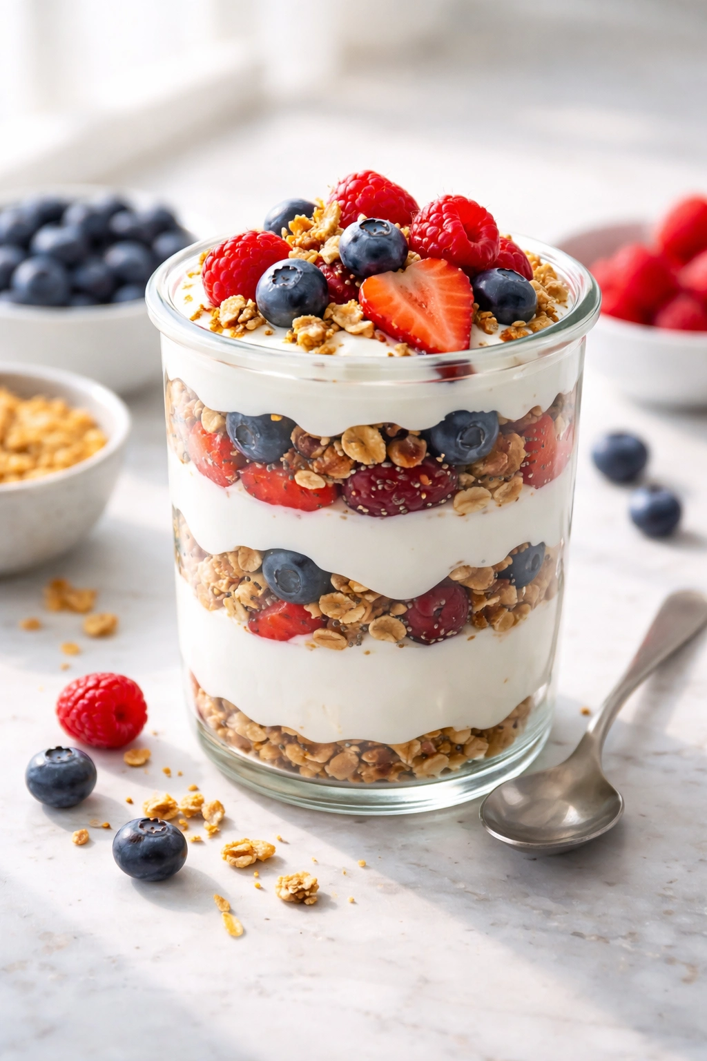 Close-up of layered Greek yogurt parfait with granola and berries in a glass jar