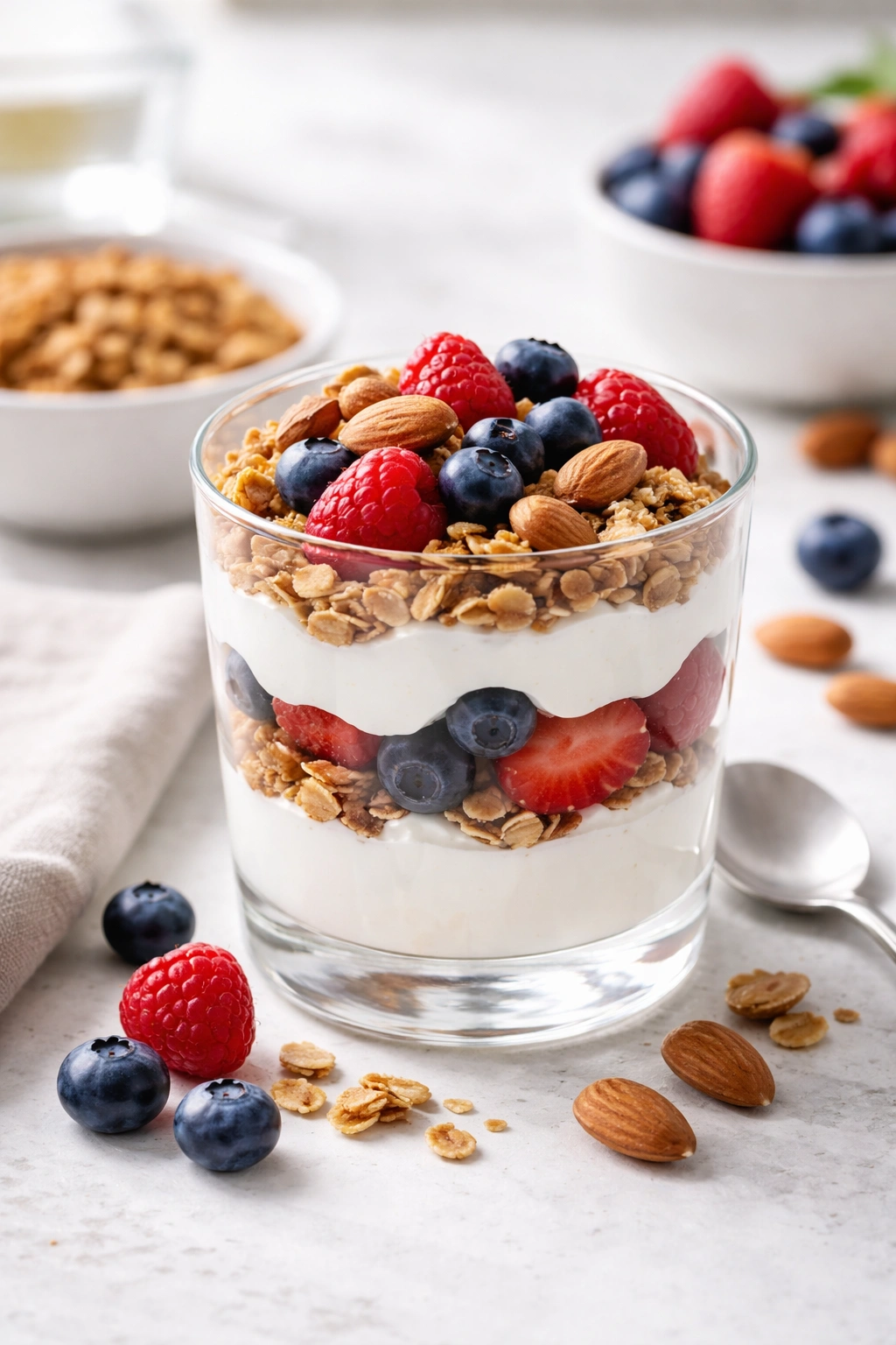 Close-up of Greek yogurt parfait with berries granola and almonds