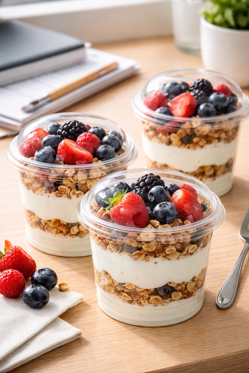Layered Greek yogurt parfaits in clear jars with yogurt, granola, and berries