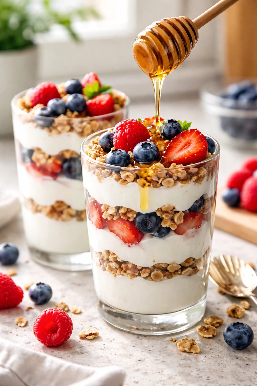 Layered Greek yogurt parfaits with granola and berries in a glass