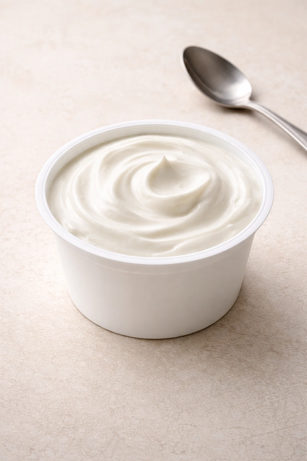Plain Greek yogurt cup on a neutral surface