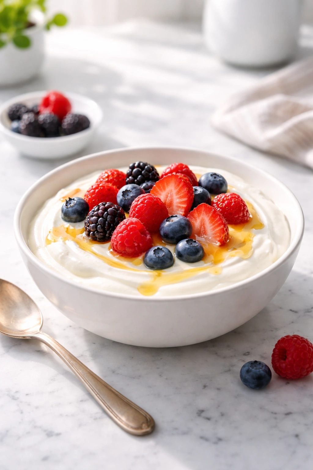 Close-up of a creamy Greek yogurt bowl with berries and honey on a marble counter