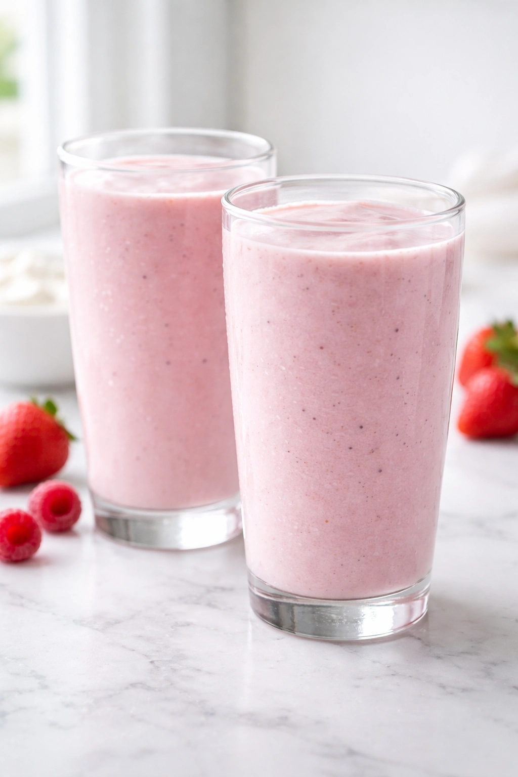 Two tall glasses of pale pink smoothie with condensation.