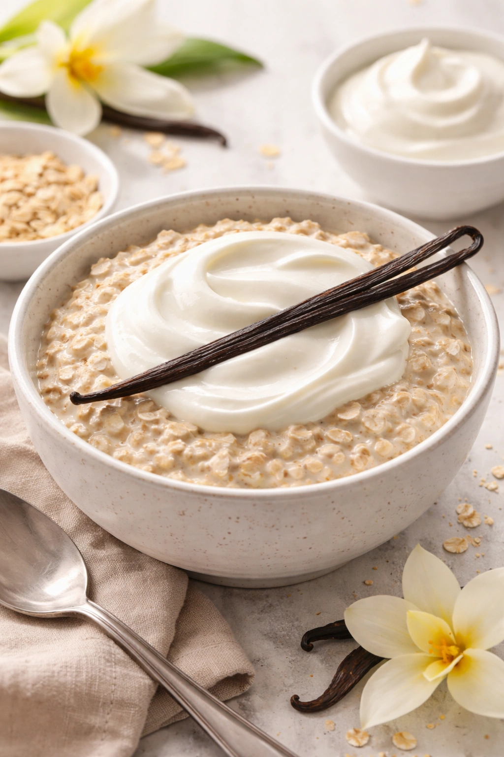 Overnight oats with a swirl of Greek yogurt and vanilla bean