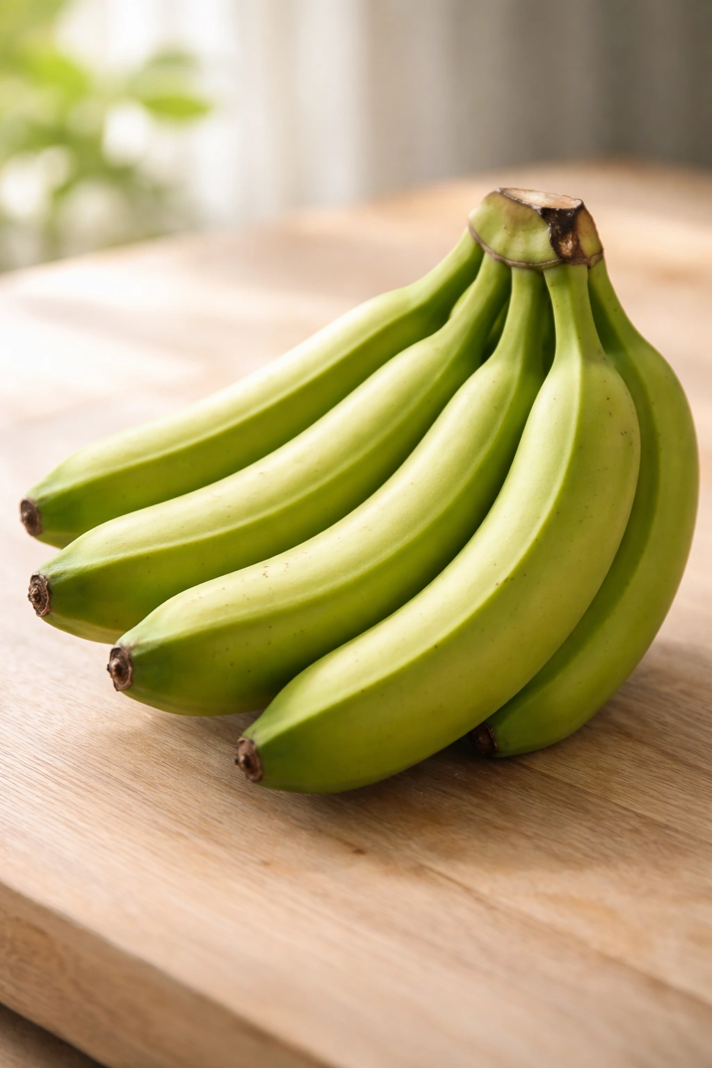 Close-up of green unripe bananas showing textured peels and vivid green color