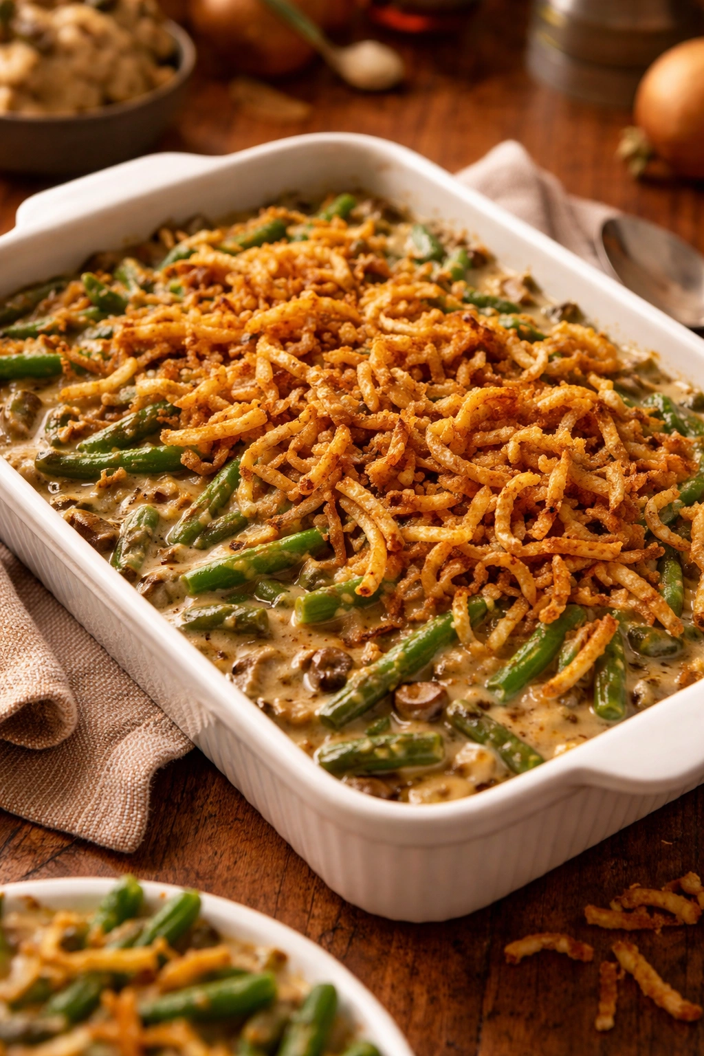 Green bean casserole with crispy onions in a baking dish