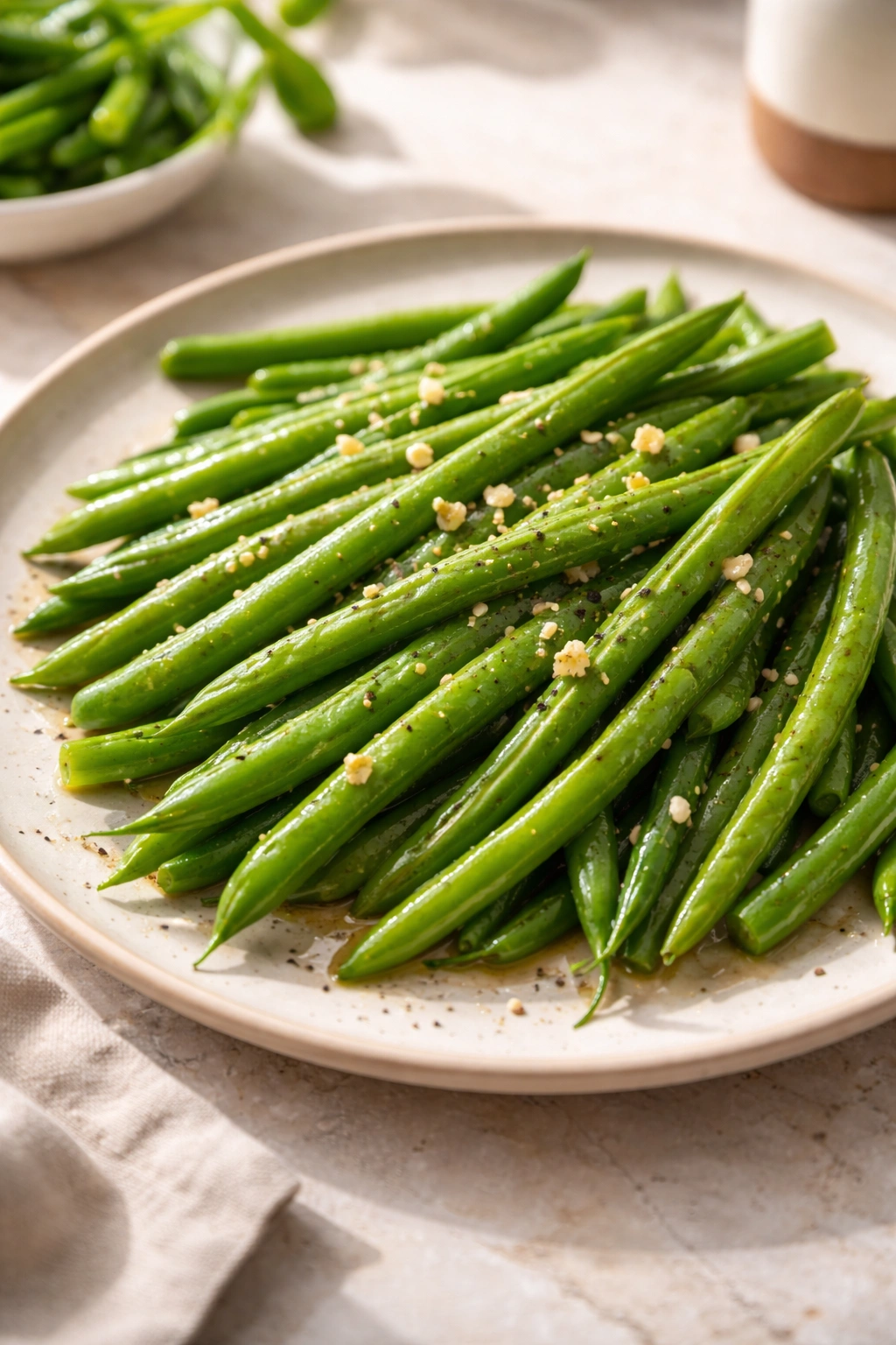 Bright green beans with light glaze on plate