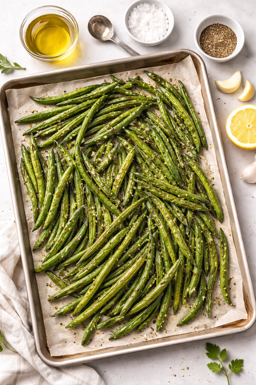Green beans on parchment-lined sheet with light oil sheen